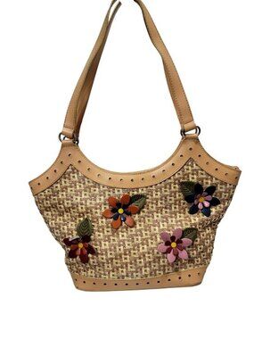 Vintage Floral Woven Tote Bag Faux Leather Trim Footed